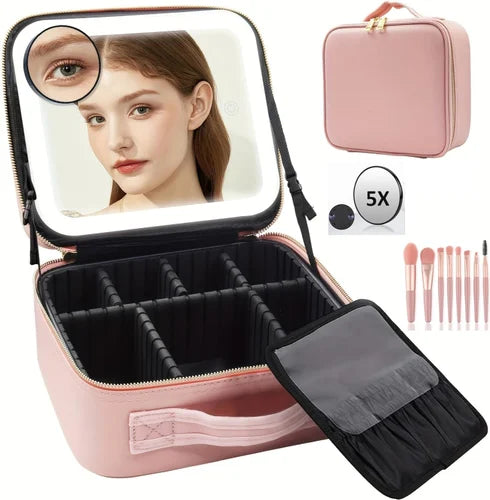 Cosmetic / Makeup Pink Organizer Bag Large With Led Mirror